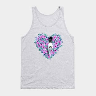 White and Grey Cat with Fluffy Tail and Watercolor Flower Heart on the Background, Painting Tank Top